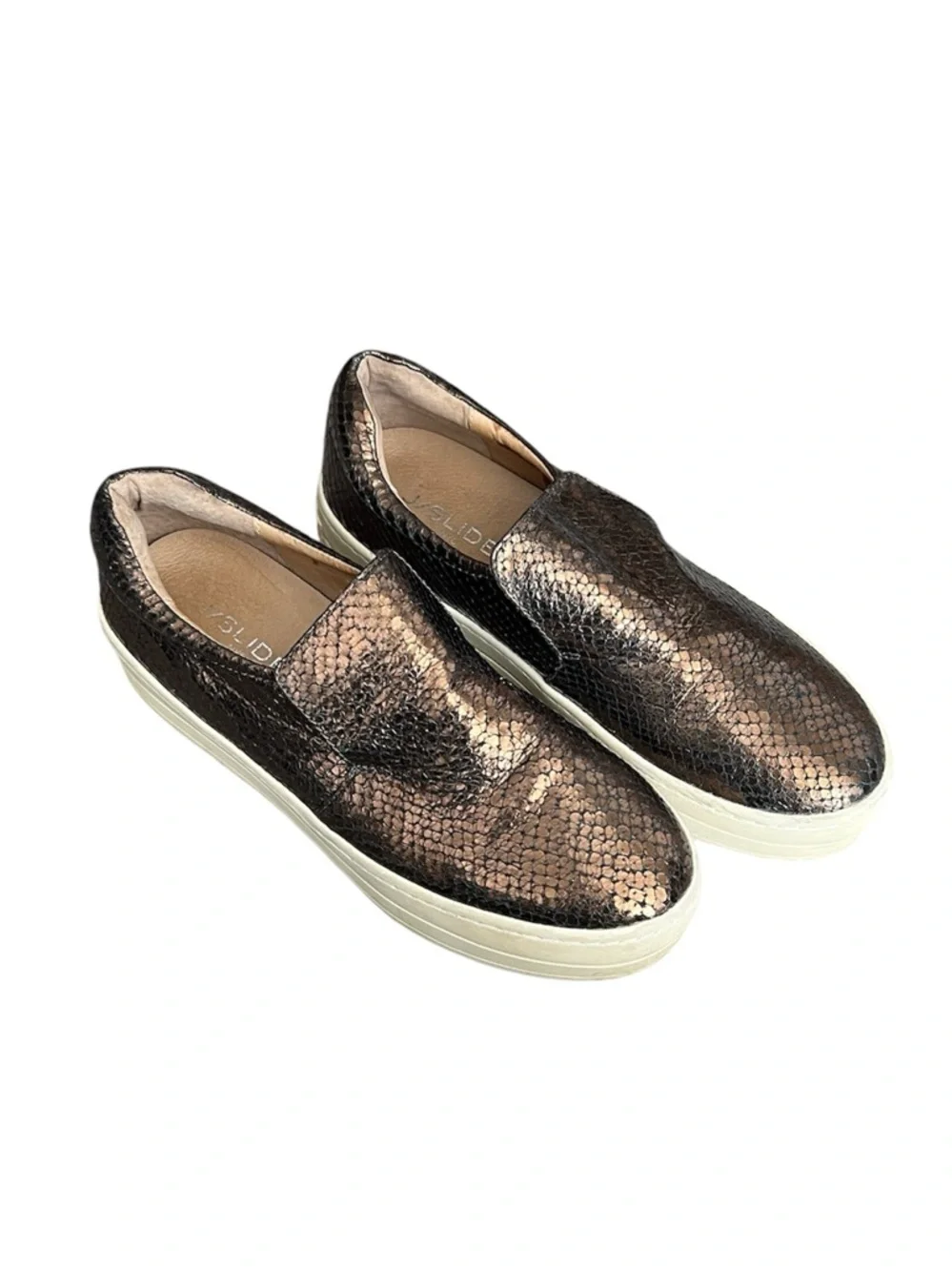 J/Slides Bronze Metallic Embossed Snake Print Slide on Platform Sneakers 7.5